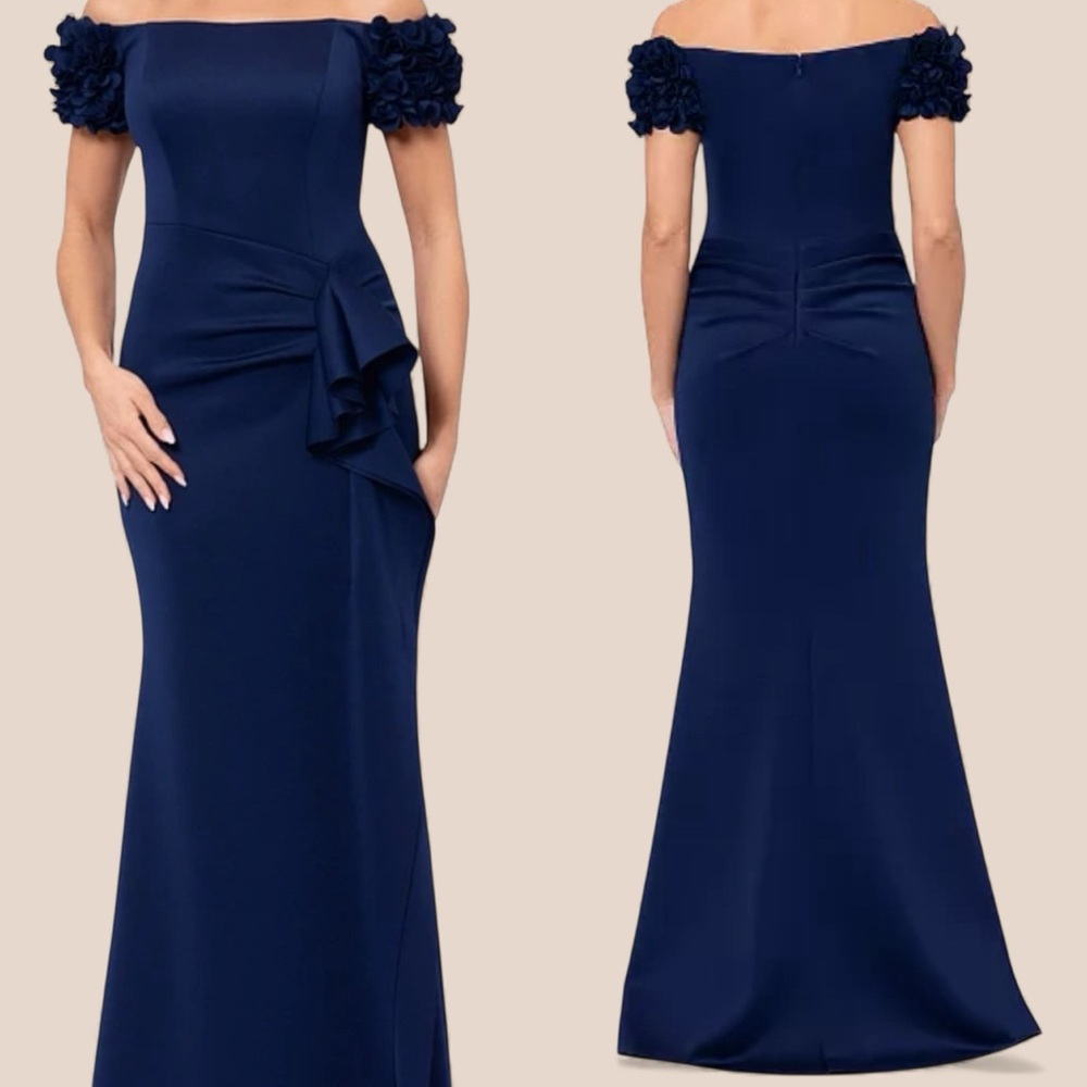 XSCAPE | Women's Floral Off-The-Shoulder Long Dress | Navy | Size 12